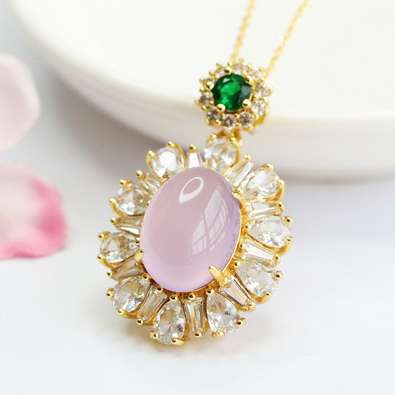 Purple Chalcedony Sterling Silver Necklace with Zircon Flower Embellishment