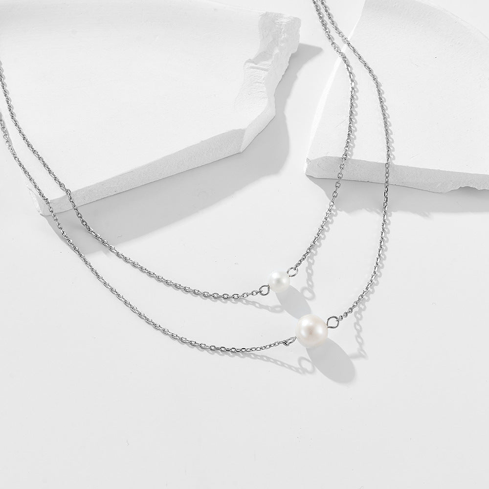 Retro Double-Layer Single Natural Pearl Necklace, Tide Foreign Trade 925 Sterling Silver