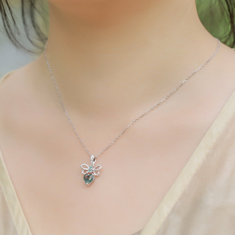 Planderful Jewelry Heart Shaped Green Moss Agate Necklace In Sterling Silver Bow Pendant