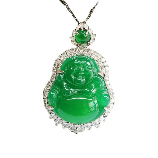 Chalcedony Buddha Pendant Sterling Silver Necklace with Zircon Accents