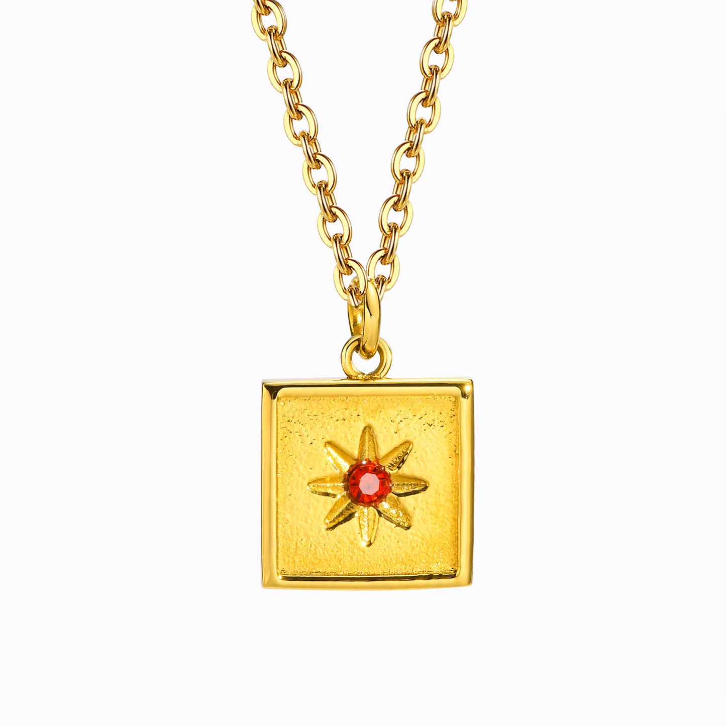 Stainless Steel Red Zircon Octagram Necklace Gold Chain