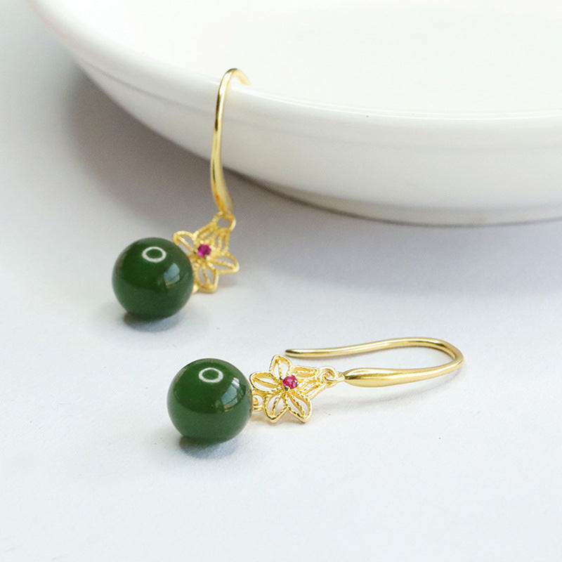 S925 Silver Natural Hetian Jade Earrings with Jasper Bead Hollow Floral Design