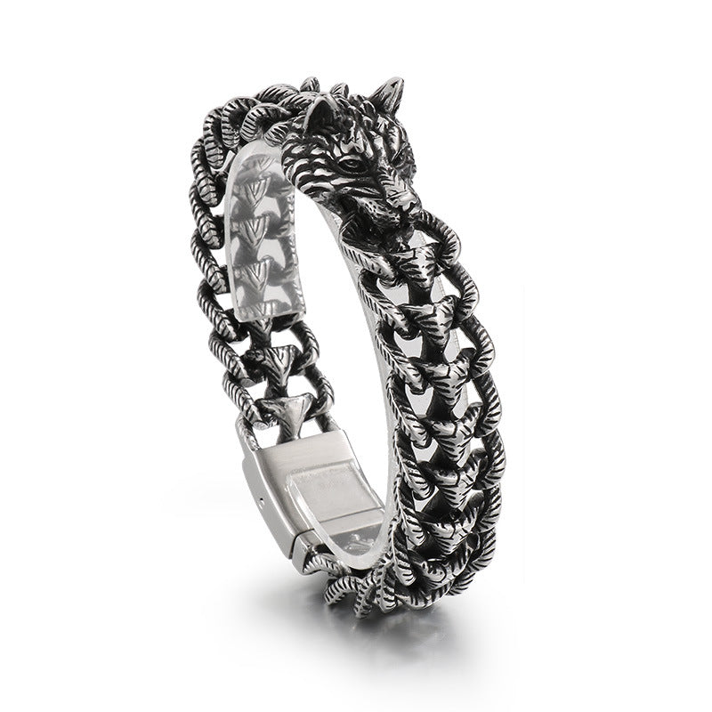 Animal – Punk Dark Wolf Head Layered Braided Keel Chain Titanium Steel Men's Bracelet
