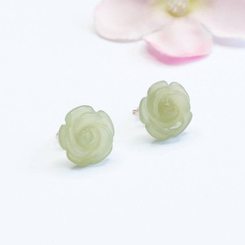 Lake Green Silver Flower Earrings with Natural Hotan Jade Insets