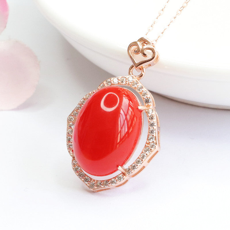 Rose Gold Plated Silver Necklace with Natural Red Agate Pendant