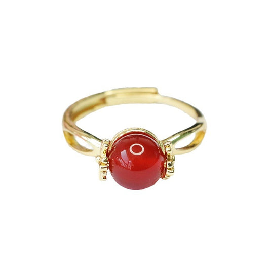 Turnable Sterling Silver Ring with Red Agate and Green Chalcedony Bead