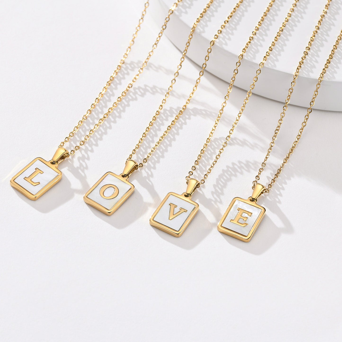 Stainless Steel Shell Square 26 Letter Pendant Necklace