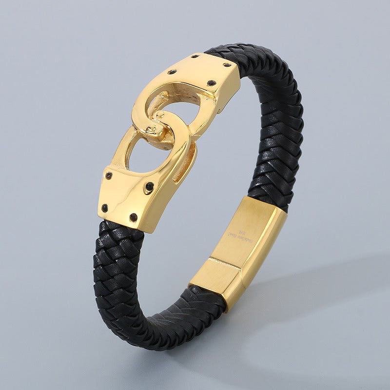 Stylish Black Woven Leather Rope Bracelet with Vacuum Electroplated Titanium Steel for Men