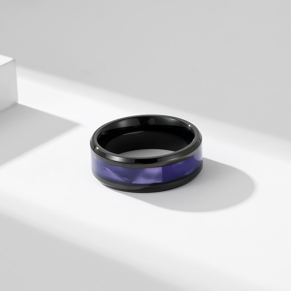 Men's Titanium Steel Black Ring with Purple Inlay Jewelry