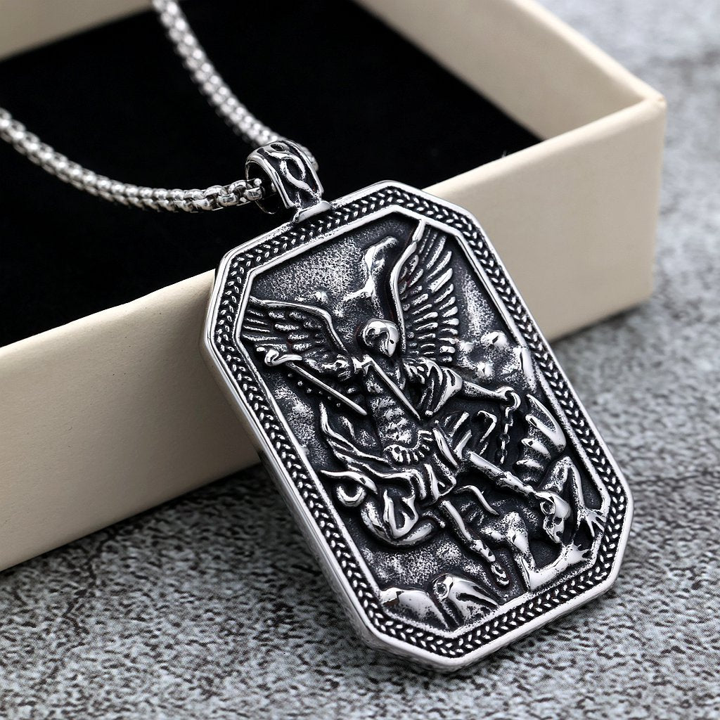 Vintage St. Michael Angel Stainless Steel Men's Pendant Necklace