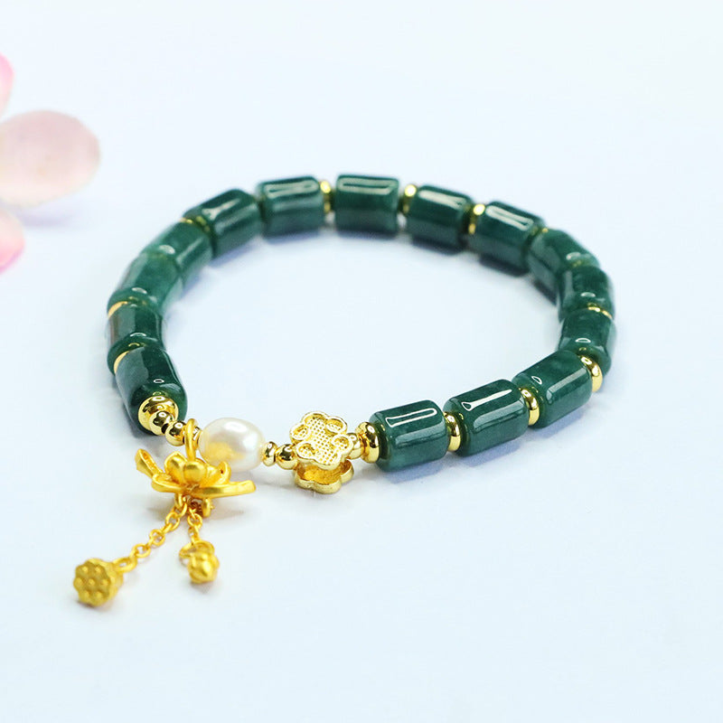 Blue Water Jadeite Ruyi & Barrel Bead Beaded Bracelet