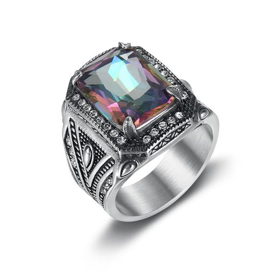 Planderful Titanium Steel Ring For Men Retro Punk Style With Colorful Inlaid Synthetic Gemstones