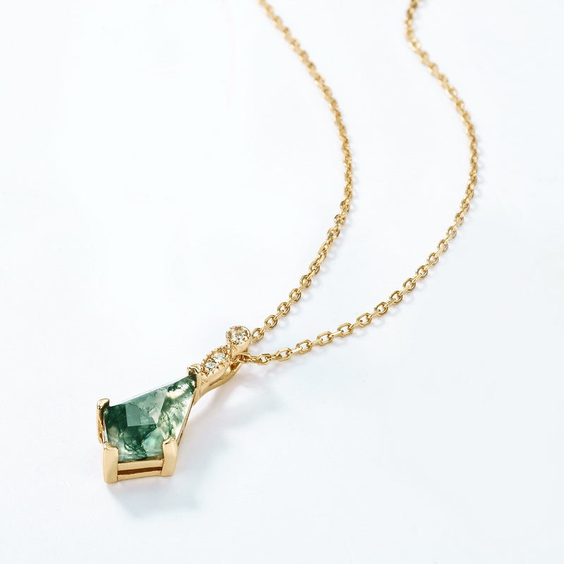 S925 Sterling Silver Gold-Plated Moss Agate Geometric Pendant Necklace