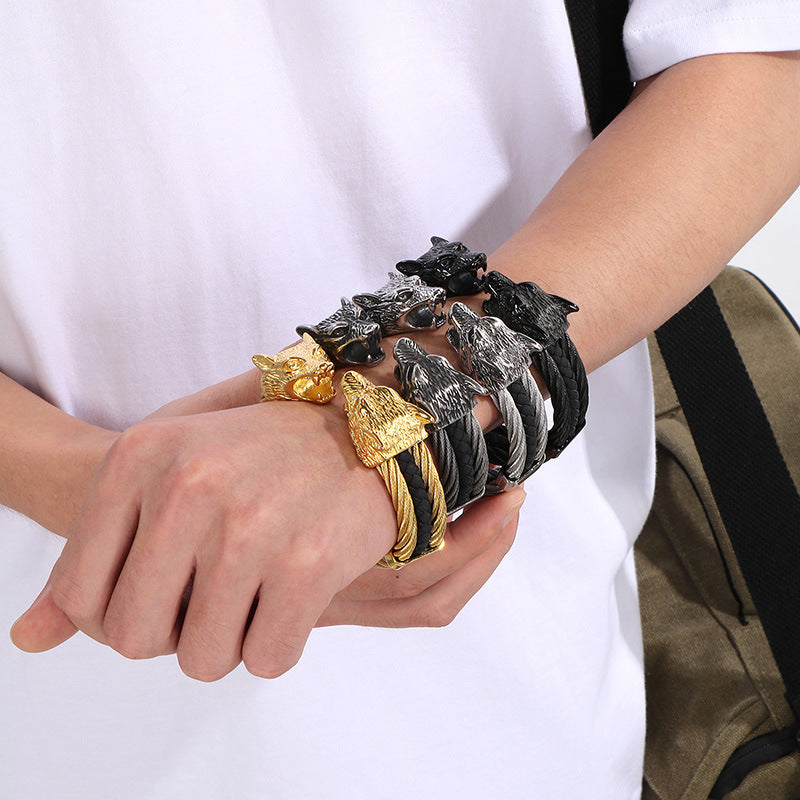 Planderful Mens Open Leather Bracelet With Double Wolf Head