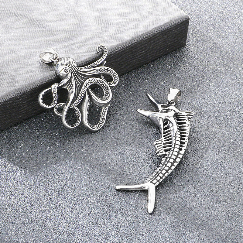 Popular Marine Life Octopus Pendant, Punk Style Old Smear Hollow Fish Bone Titanium Necklace