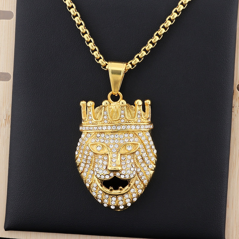 Golden Crown Lion Head Pendant - Hip-Hop Inspired Men's Accessory with Full Zircon Details