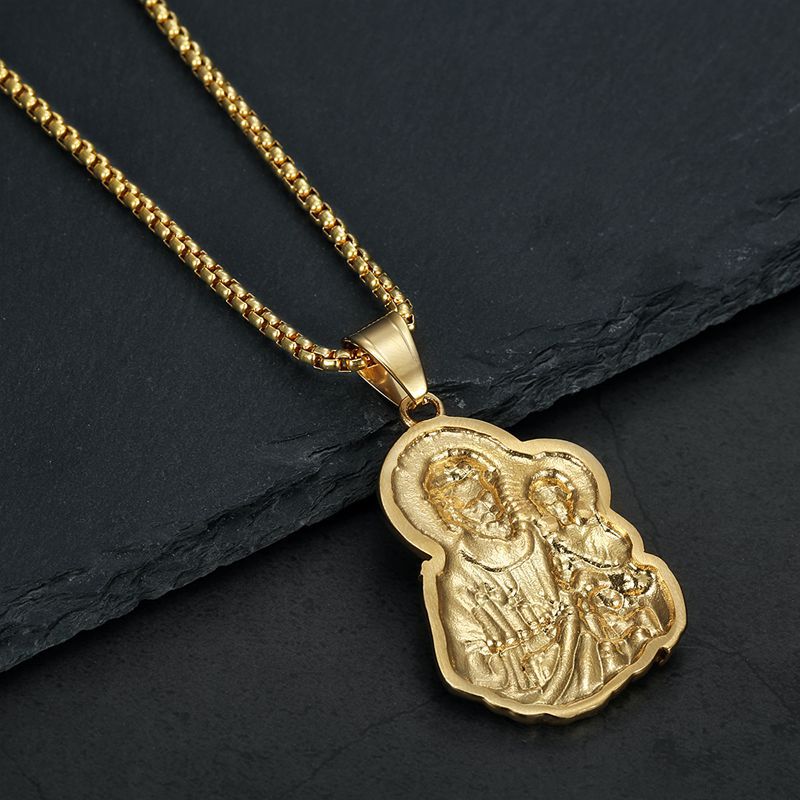 Planderful Hip Hop Jewelry Gold Plated Stainless Steel Zircon Holy Family Pendant Necklace For Unisex Fans