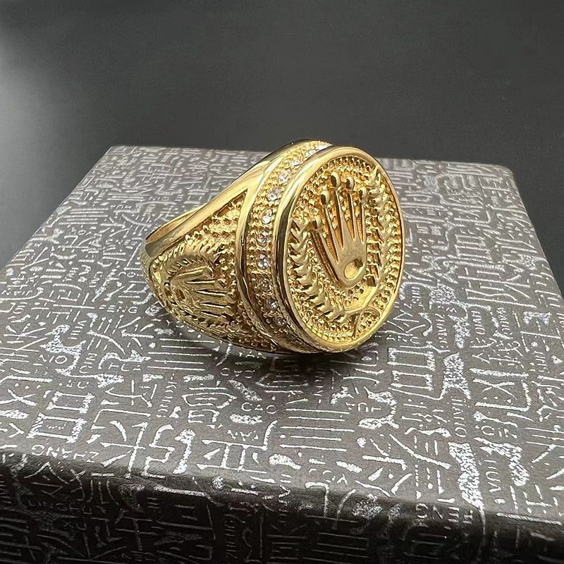 Planderful Mens Titanium Steel Ring Crown With Golden Rhinestones Hip Hop Style Size 7 13