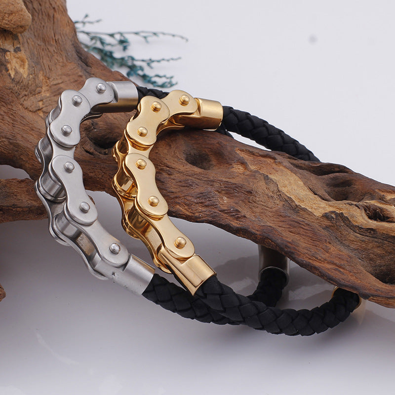 Cool Men's Stainless Steel Bicycle Chain Leather Bracelet – Locomotive Chain Cowhide