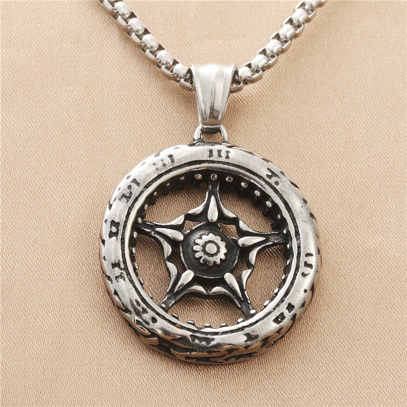 Titanium Steel Punk Pentagram Necklace for Men - Retro Trendy Stainless Steel Wheel Pendant