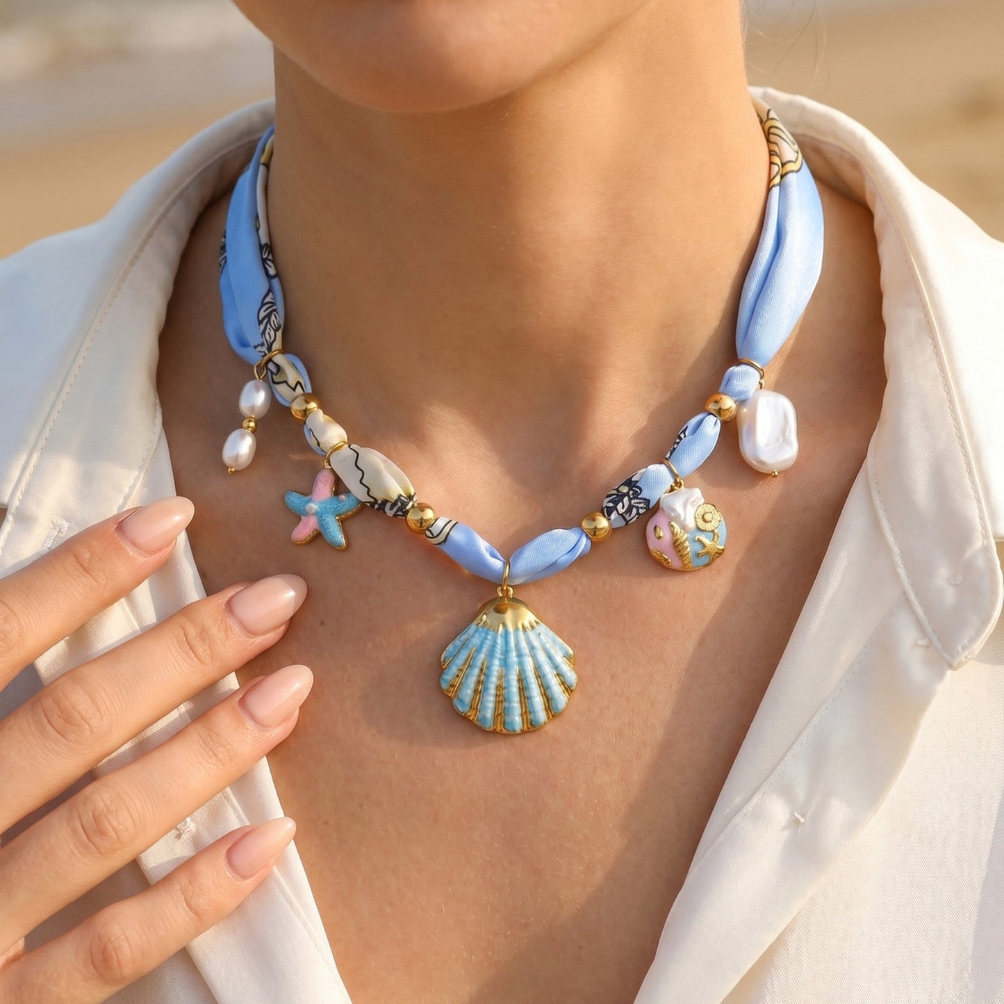 European – American Bohemian Stainless Steel Imitation Pearl Sunflower Printing Silk Necklace