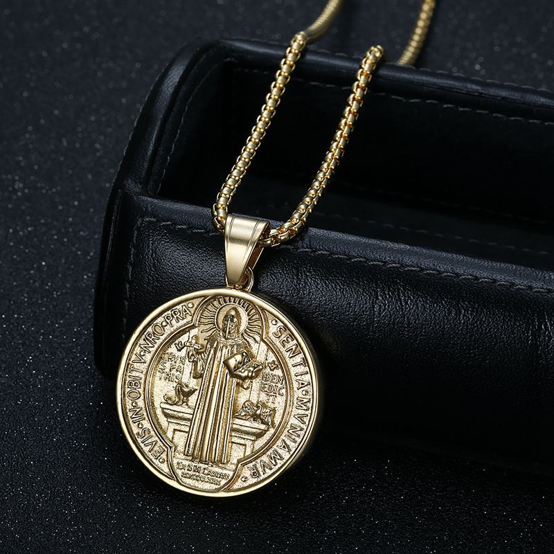 Planderful Saint Benedict Exorcism Pendant Necklace In Titanium Steel Gold Plated For Hip Hop Fans