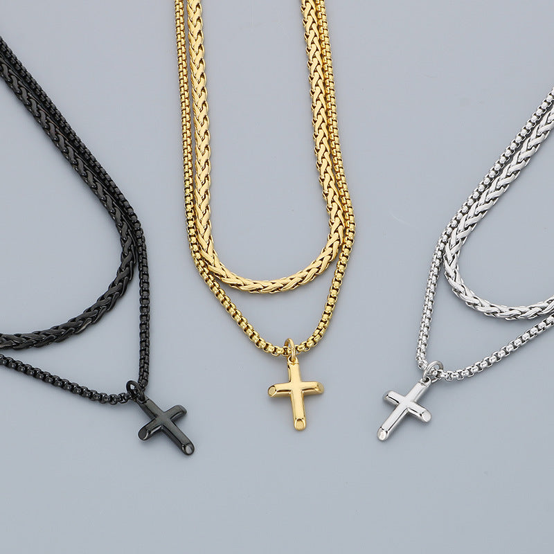 Hip-Hop Trendy Men Stacked Cross Pendant Double-Layer Square Pearl Flower Basket Chain Titanium Necklace