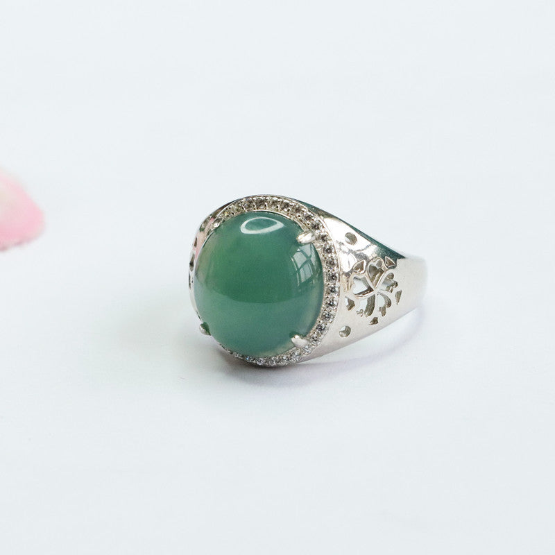 Sterling Silver Wide Ring with Natural Ice Blue Green Jade Oval Hollow Design