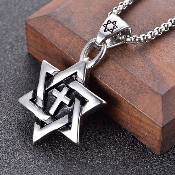 1. Planderful Men's Titanium Steel Necklace With Hexagram Cross Pendant Retro Hip Hop Style Gift