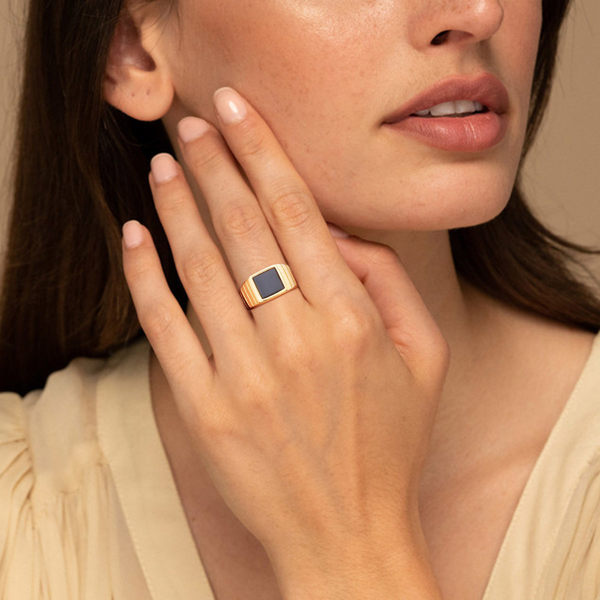 Unisex Neutral Stainless Steel Square Black Agate Gold Ring