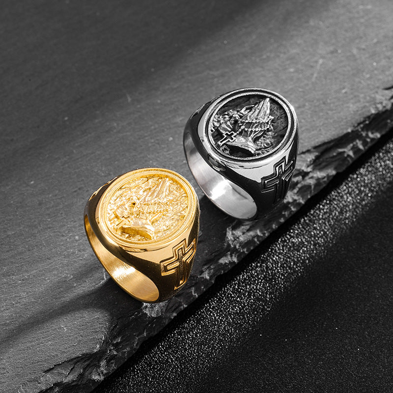 Planderful Everyday Genie Durable Stainless Steel Prayer Hand Cross Mens Ring Size 7 To 13 Hip Hop Style