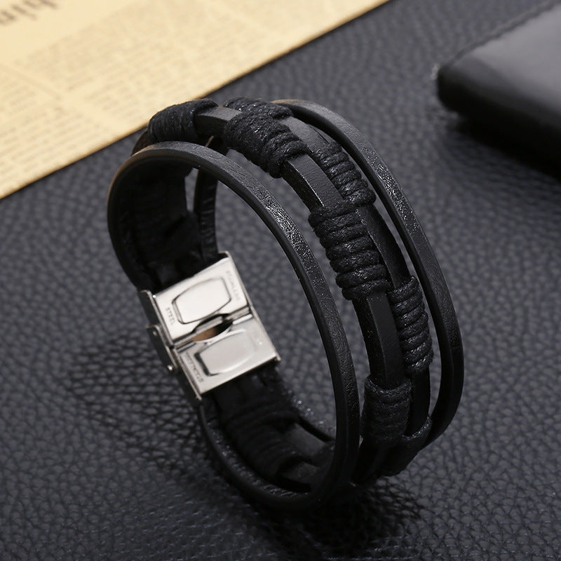 Planderful Durable Stainless Steel Leather Bracelet For Men