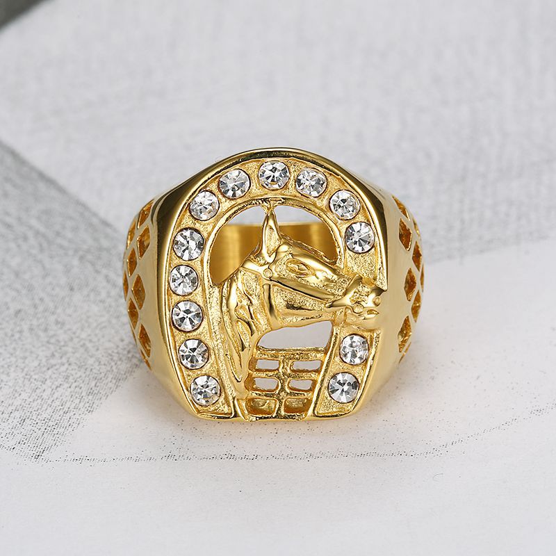 Mens Ring Planderful Titanium Steel Gold Plated Zircon Horse Head Hip Hop Urban Style