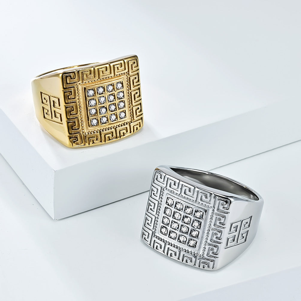 Men's Titanium Steel Ring With Zircon Inlay And Great Wall Pattern High End Planderful