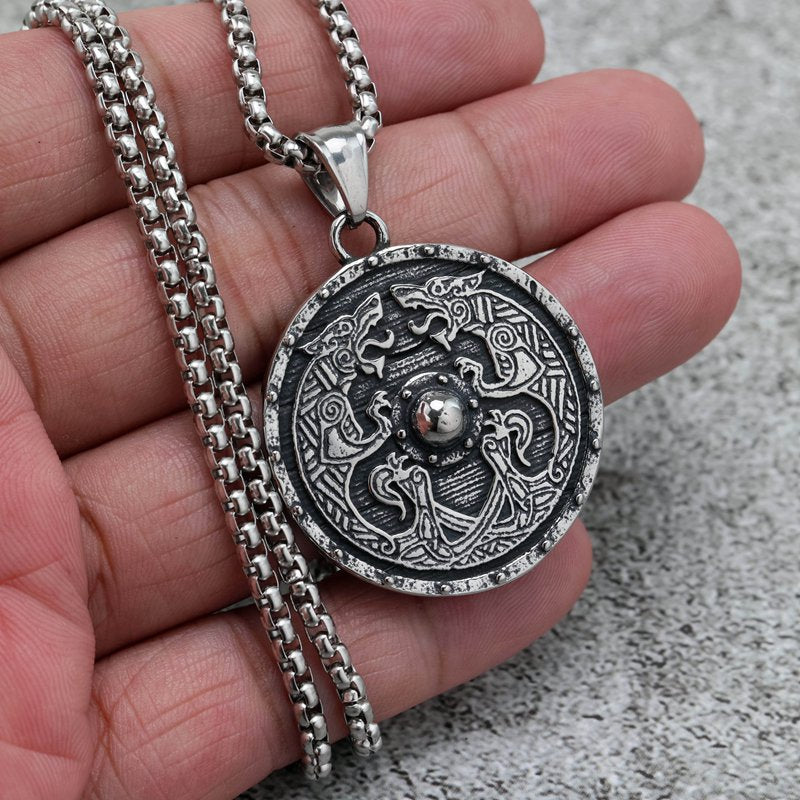 Planderful Retro Viking Shield Pendant Necklace Stainless Steel Unisex Double Sided Norse Legacy
