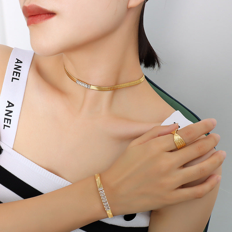 Zirconium Steel Necklace and Bracelet Set with 18K Gold Plating