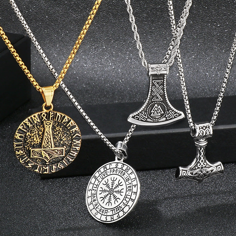 Nordic Viking Triangle Rune Jewelry, Punk Style Retro Quake Double-Sided Rune Men's Titanium Necklace