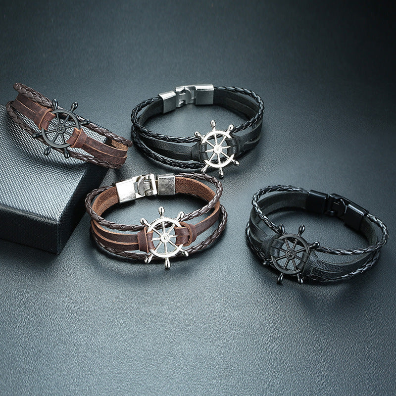 Ship Wheel Vintage Black Stainless Steel Bracelet for Men
