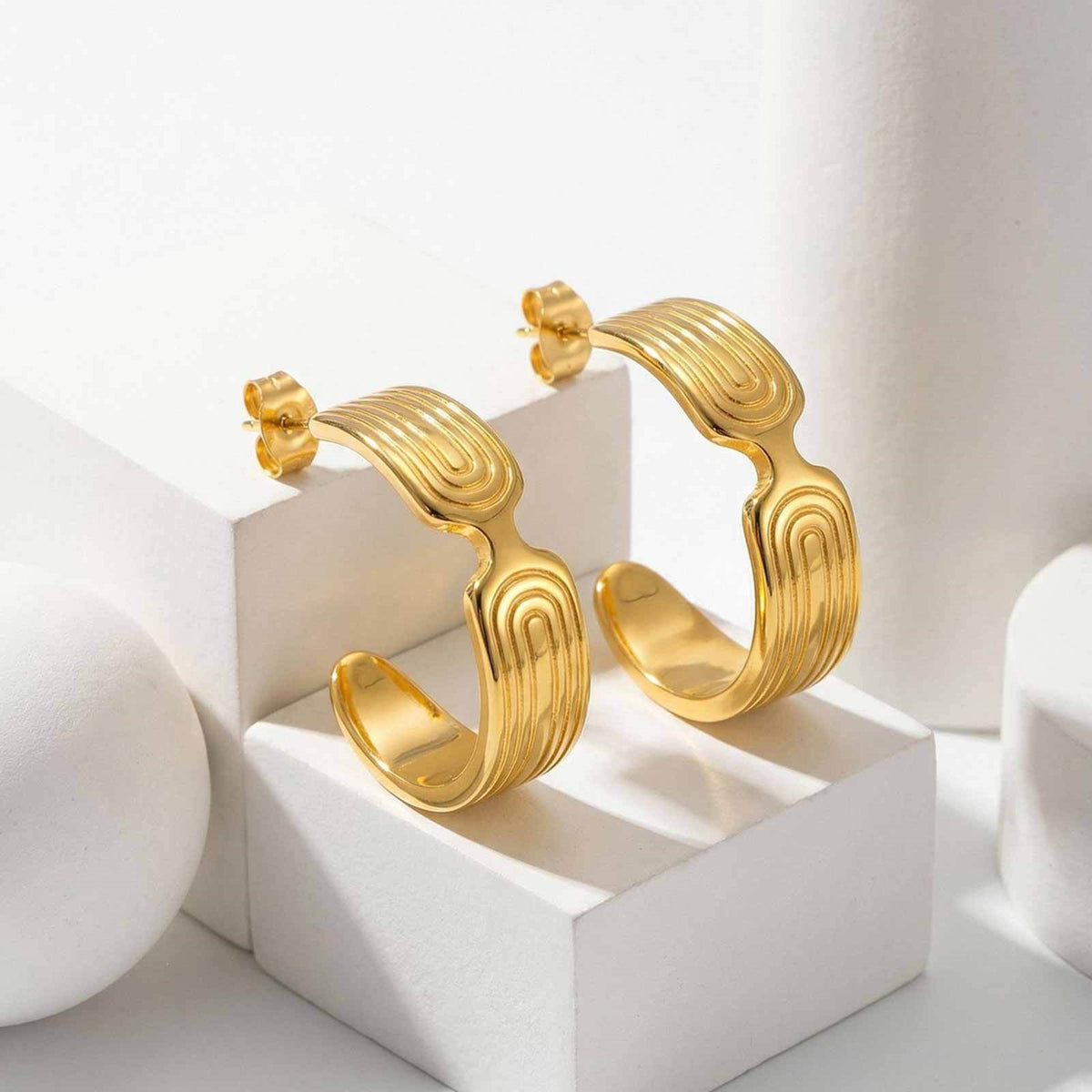 Gold-Tone Sculptural Grooved Open Hoop Earrings