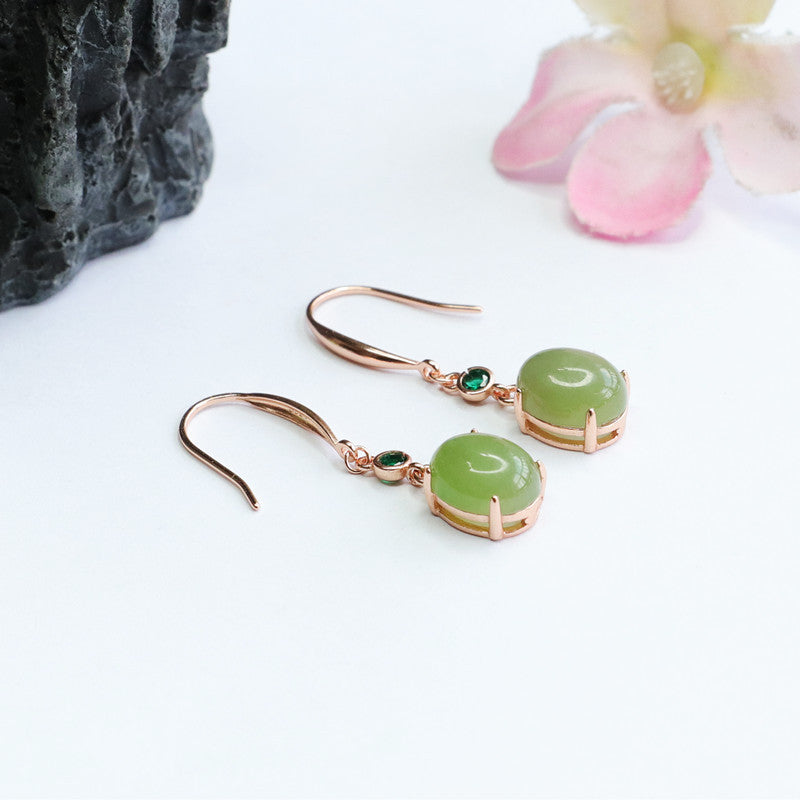 Oval Green Jade Sterling Silver Earrings with Lake Water Design