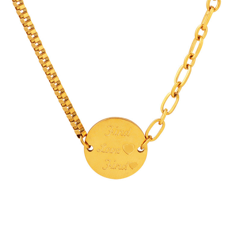 Trendy Titanium Steel Collar Necklace with Round Pendant and Spliced Chain