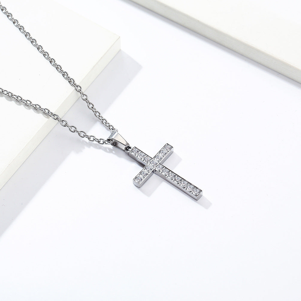 Planderful Titanium Steel Cross Necklace With Zircon Stones Unisex Luxury Jewelry