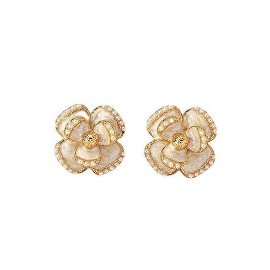 Enamel Coated Faux Pearl Floral Earrings Set, Vintage Chinese-inspired Design, Luxurious Touch, Floral Elegance, Trending Online, Bulk Purchase Option