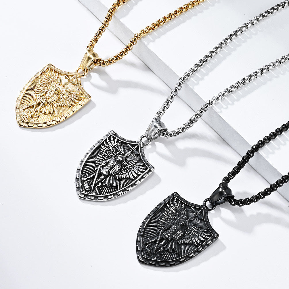 Planderful Everyday Genie Mens Titanium Steel Shield Pendant Cross Necklace Personalization
