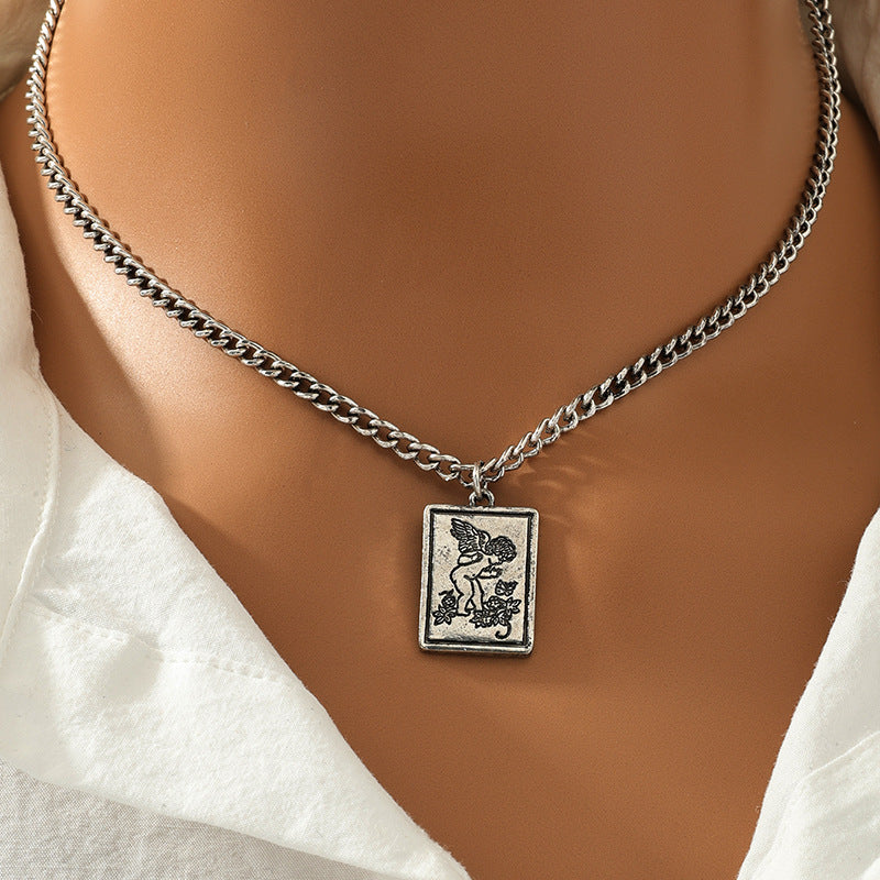 Angel Square Pendant Chain Necklace with Hip-Hop Flair - Vienna Verve Collection