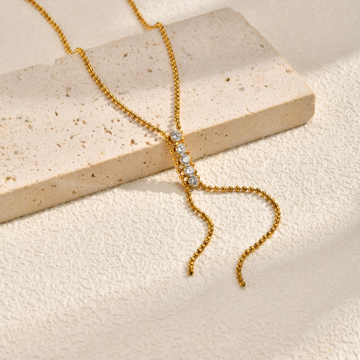 Stainless Steel Cold Wind Tassel Wave Bead Zircon Y-Shaped Necklace Gold