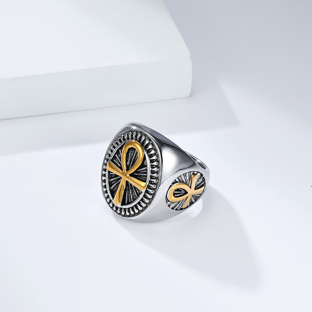 Planderful Men's Stainless Steel Geometric Ring Ankh Cross Retro Egypt Inspired Fashion Jewelry
