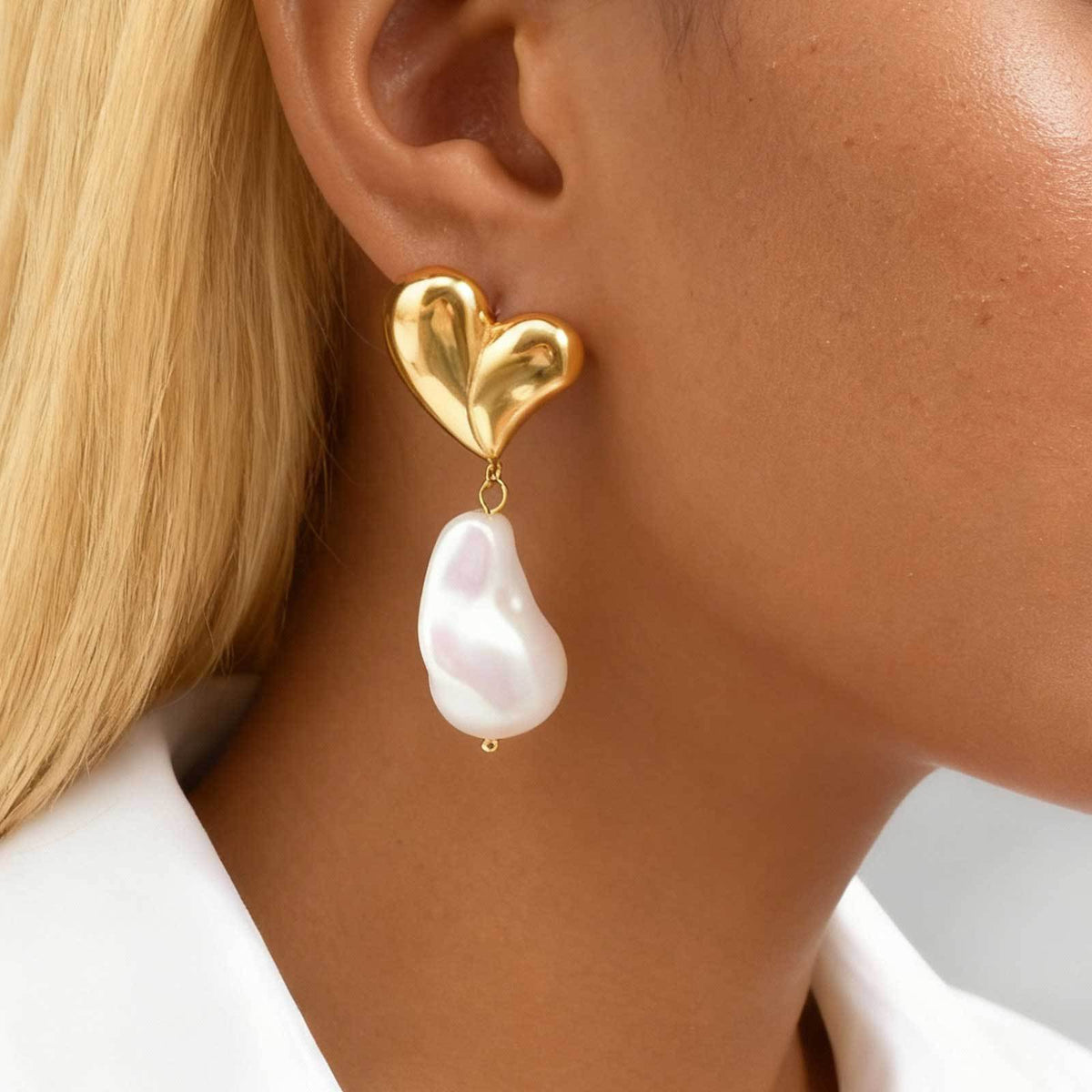 Gold-Tone Double-Heart Baroque Pearl Drop Earrings