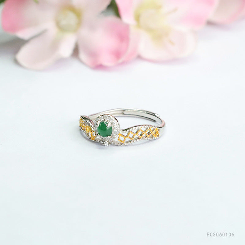 Icy Green Jadeite Openwork 925 Silver Adjustable Ring