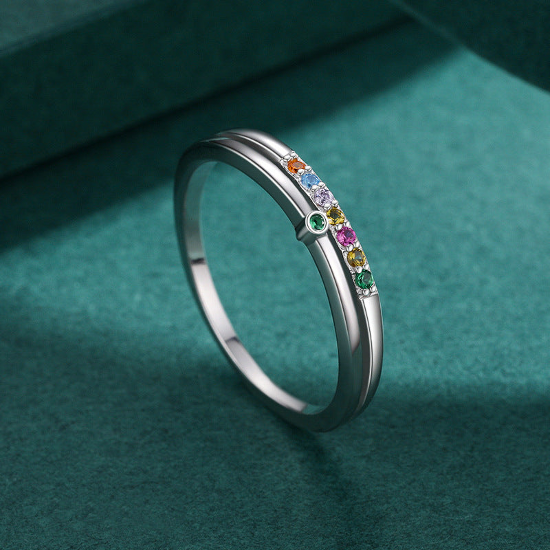 High-End Rainbow Zircon Sterling Silver Ring for Women, Niche Design with Popular Appeal